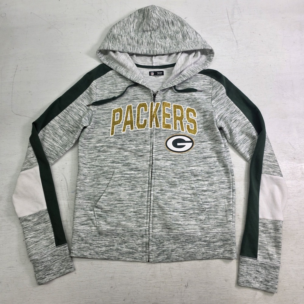 Green Bay Packers NFL Team Apparel Women's Glitter Logo Full Zip Hoodie Sz S EUC
